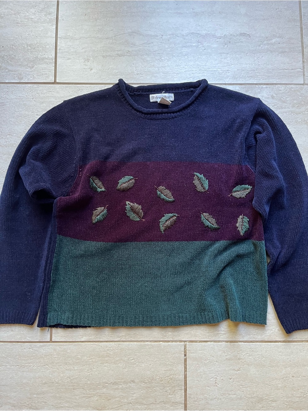 Dressbarn Silk Blend Leaf Embroidered Colorblock Sweater Navy Burgundy Green XL